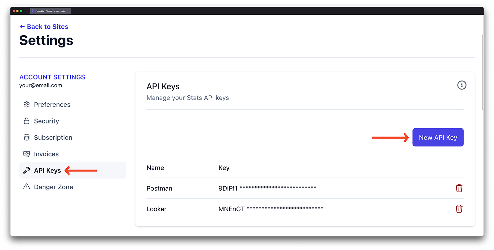 Create your Plausible stats API key