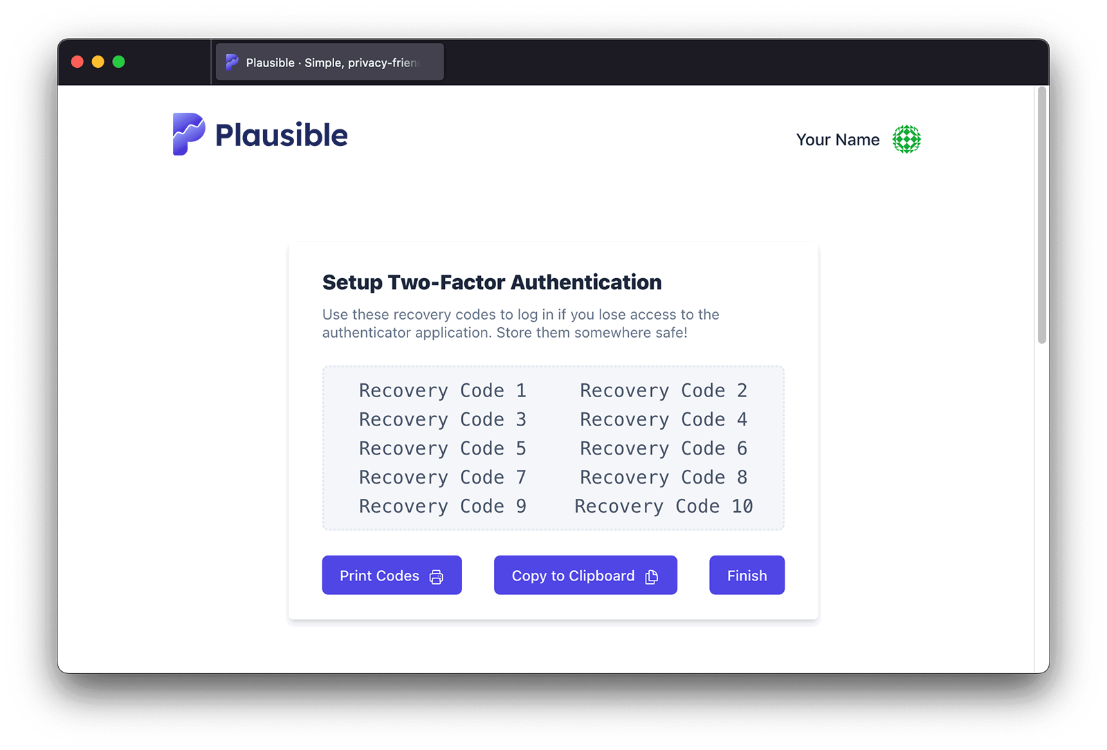 Save 2FA recovery codes